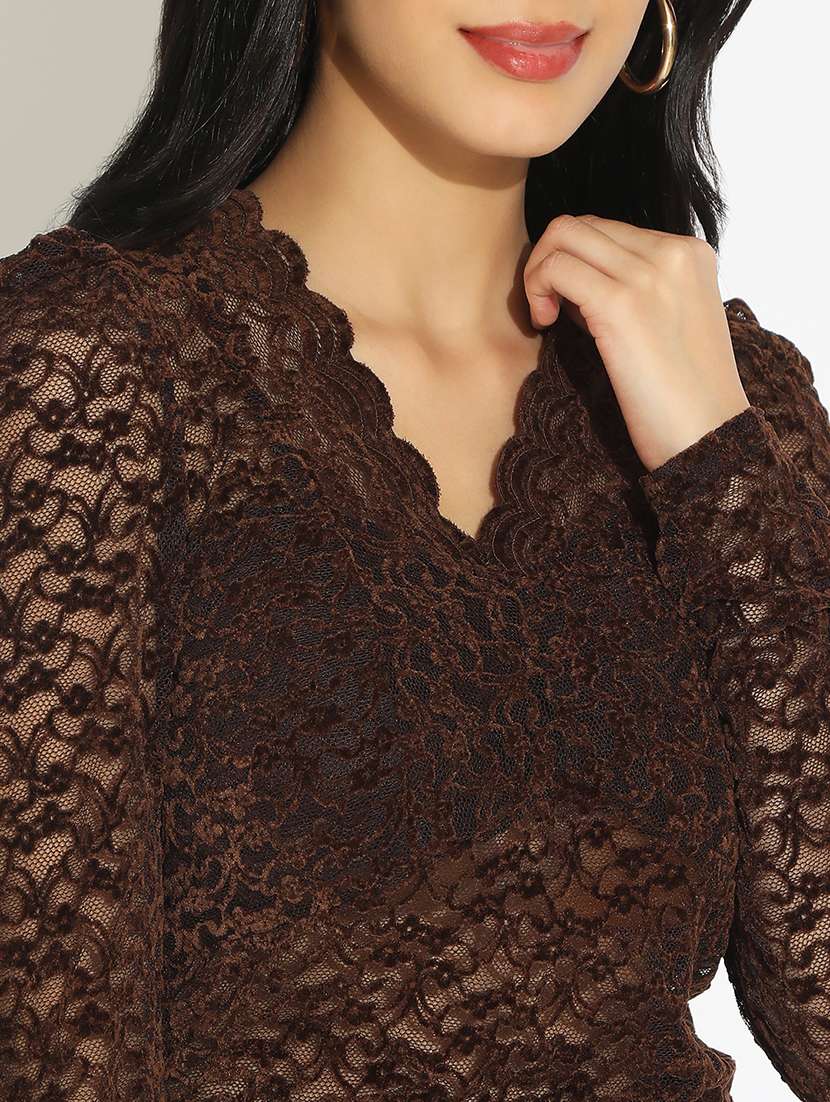 women solid puff sleeve sheer lace top - 22101928 -  Standard Image - 4