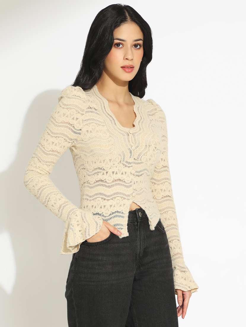 women self designed bell sleeve sheer lace top - 22101930 - Standard Image - 1