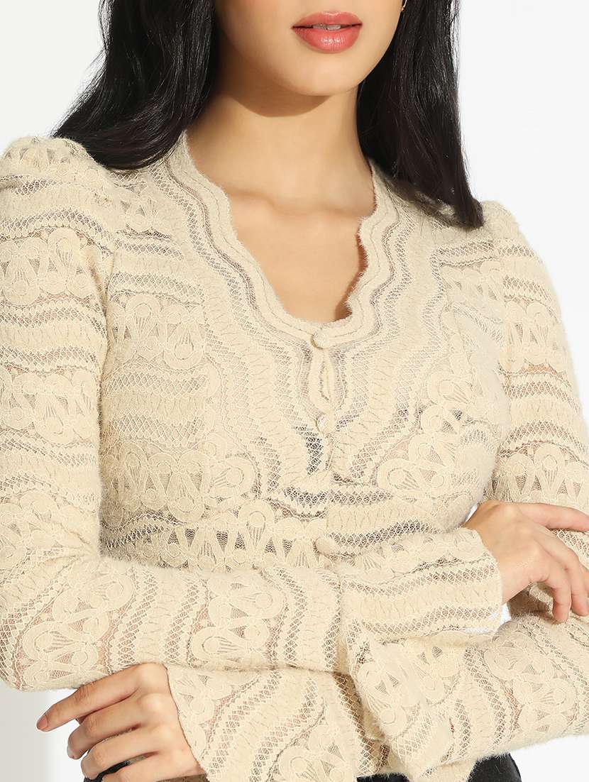 women self designed bell sleeve sheer lace top - 22101930 - Standard Image - 4