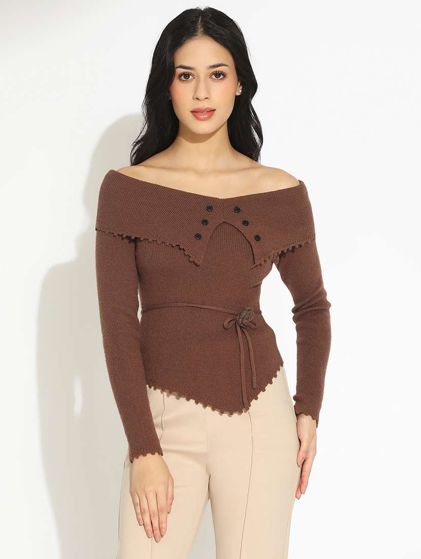 women's brown fitted top with waist tie-up - 22101932 -  Standard Image - 1