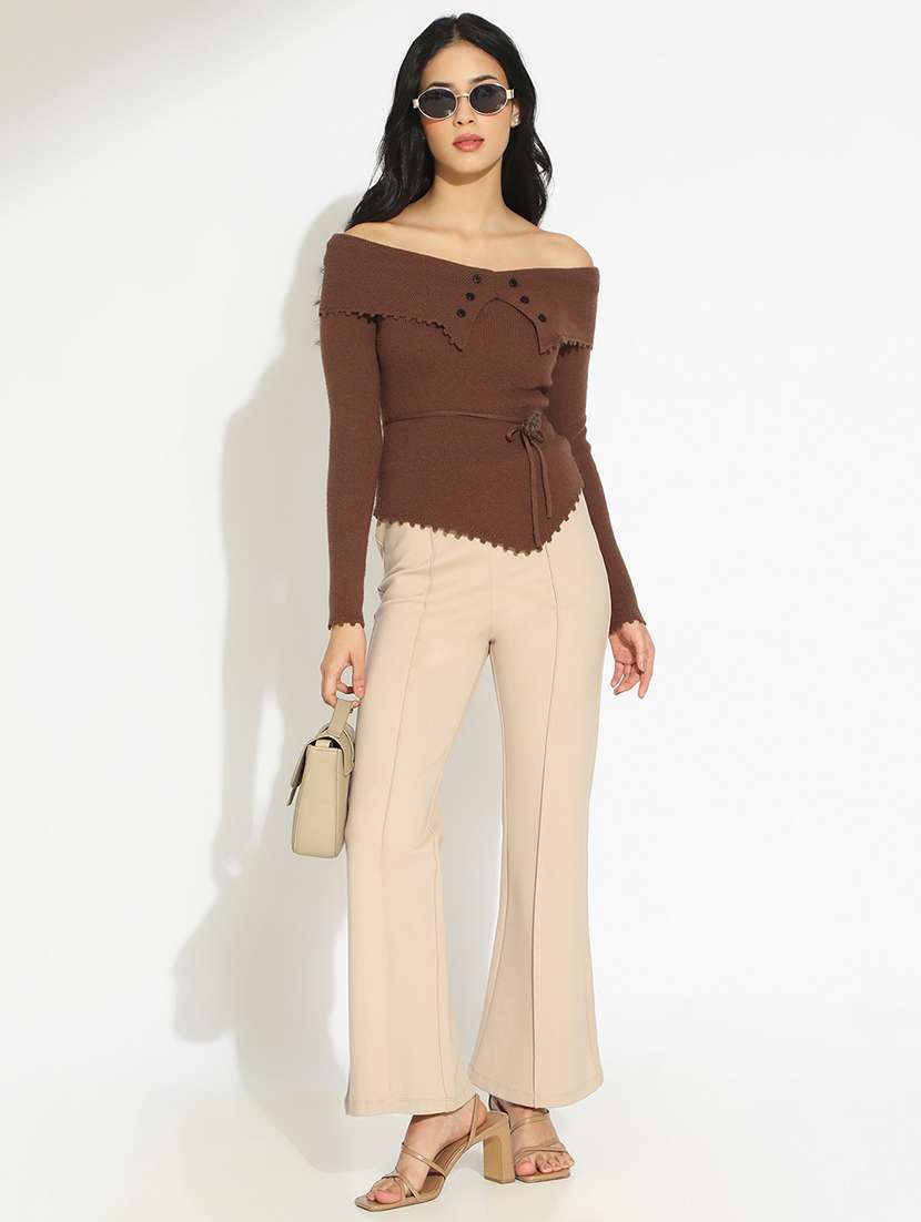 women's brown fitted top with waist tie-up - 22101932 -  Standard Image - 4