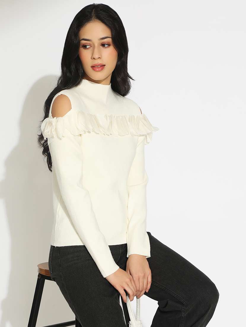 women solid cold shoulder mock neck top - 22101934 - Zoom Image - 0