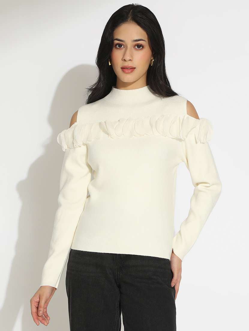 women solid cold shoulder mock neck top - 22101934 - Standard Image - 1