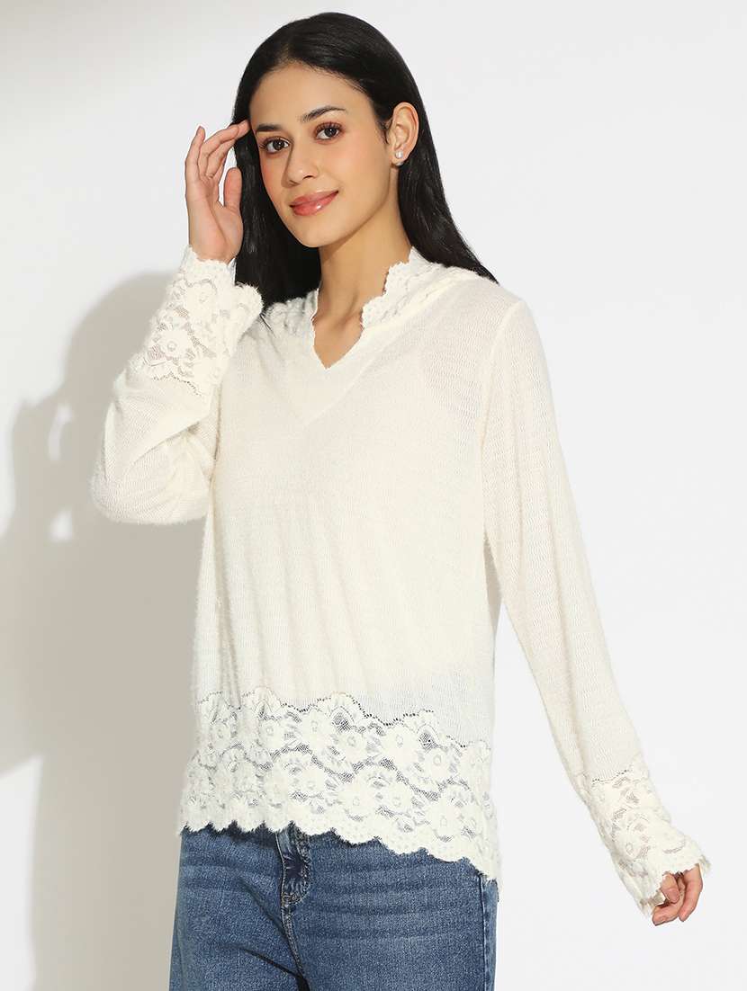 women's solid off white semi sheer top - 22101935 -  Standard Image - 1