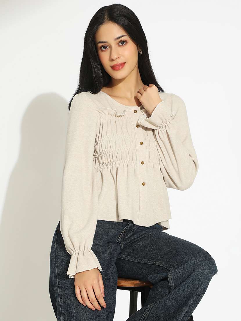 women's beige cinched waist top