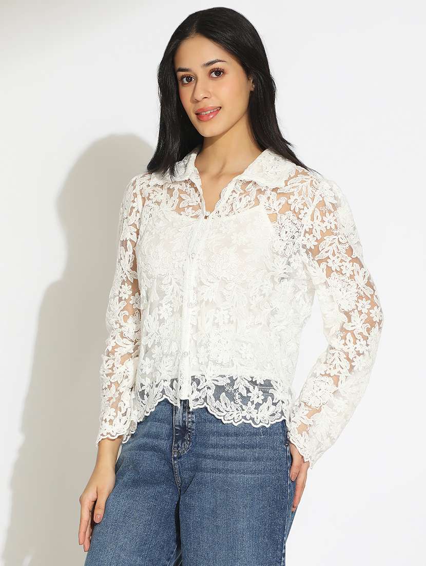 women's floral white semi sheer top with speghetti - 22101937 - Standard Image - 1