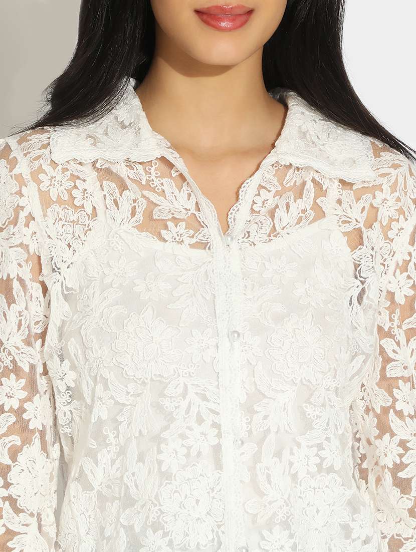 women's floral white semi sheer top with speghetti - 22101937 - Standard Image - 4