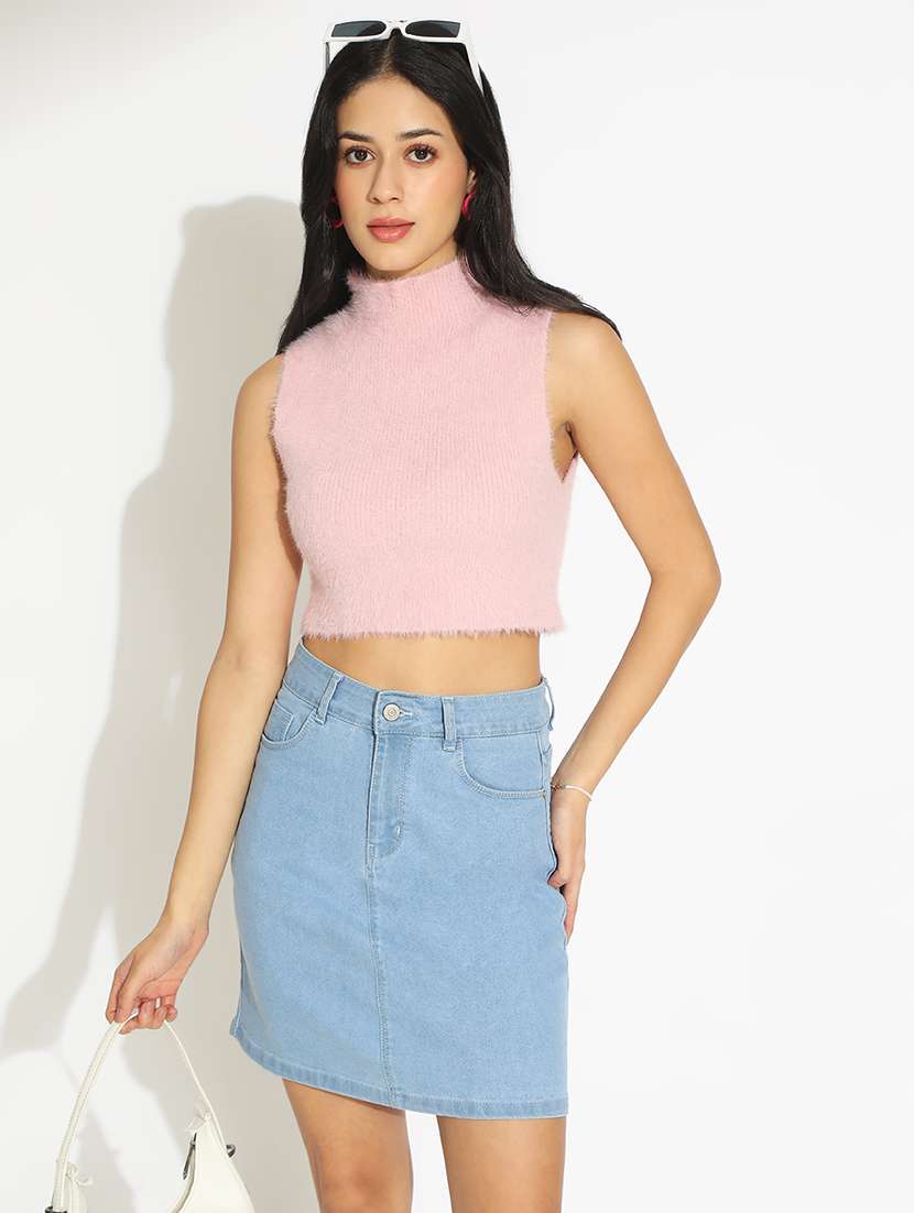 women solid high neck sleeveless crop top