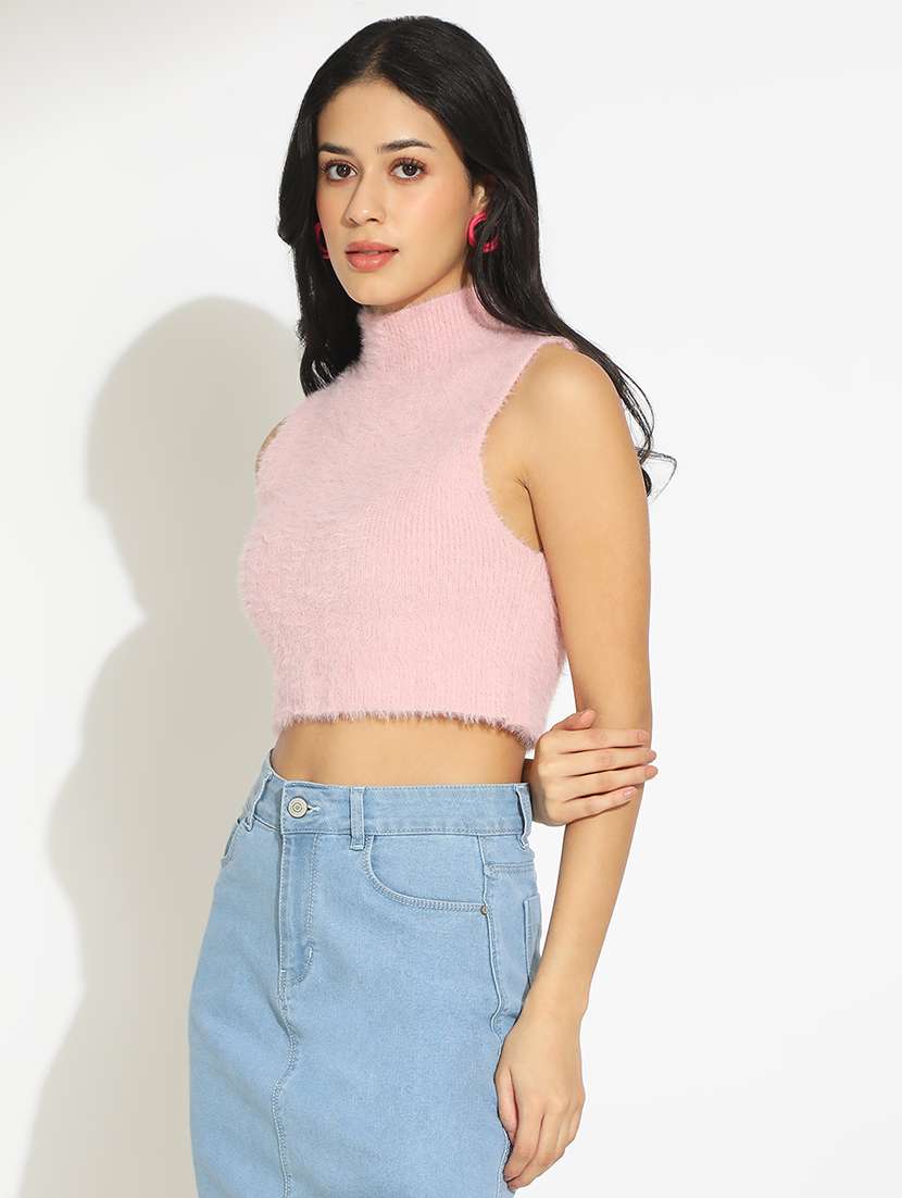 women solid high neck sleeveless crop top - 22101939 -  Standard Image - 1