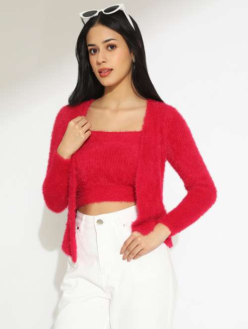 women solid shoulder strap crop top with shrug - 22101941 - Standard Image - 0