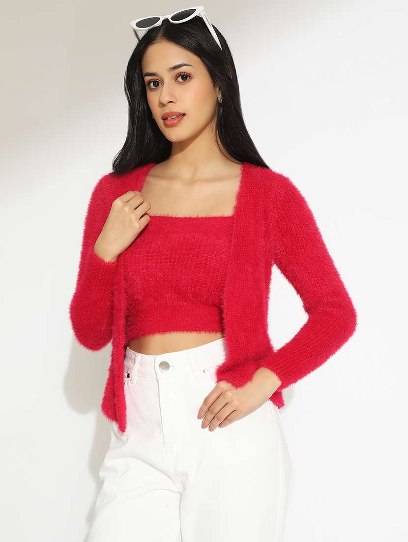 women solid shoulder strap crop top with shrug - 22101941 - Zoom Image - 0