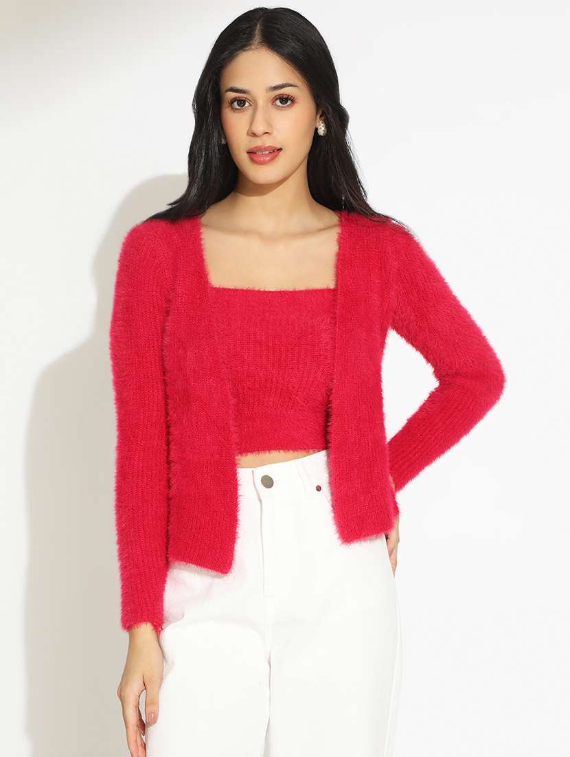 women solid shoulder strap crop top with shrug - 22101941 -  Standard Image - 1