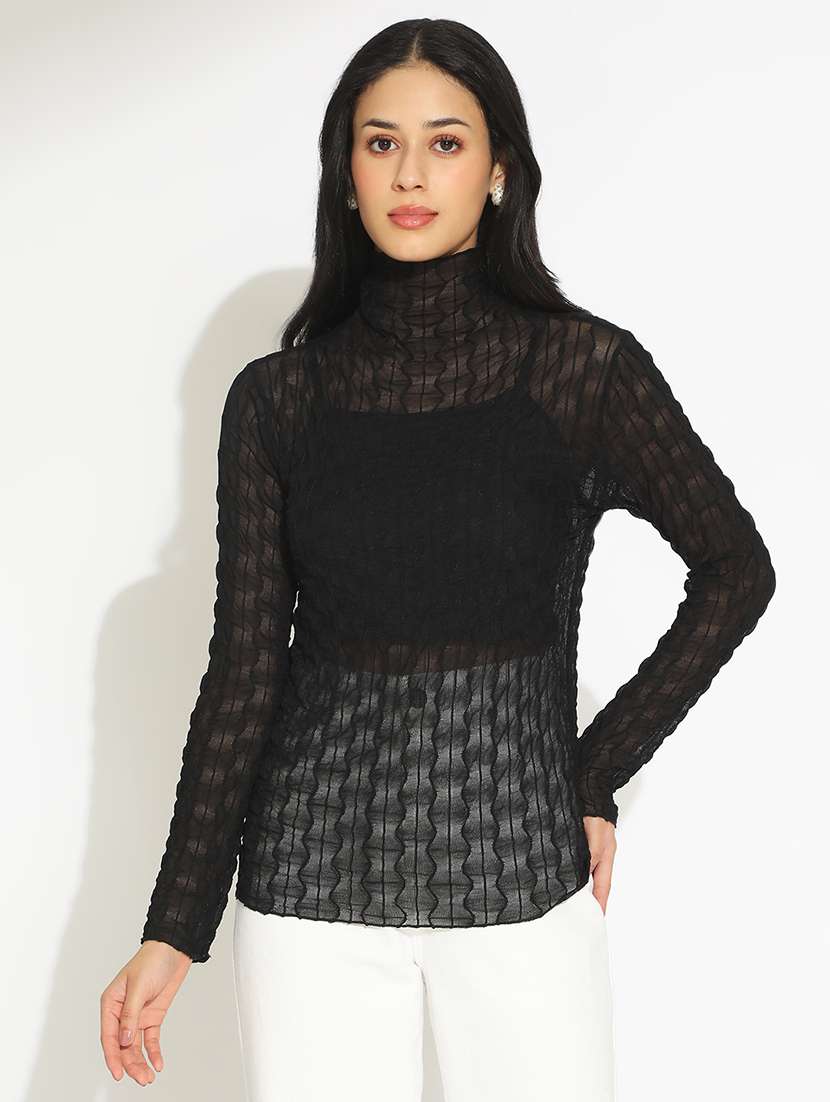 women self desigmed long sleeve high neck sheer top - 22101942 -  Standard Image - 1