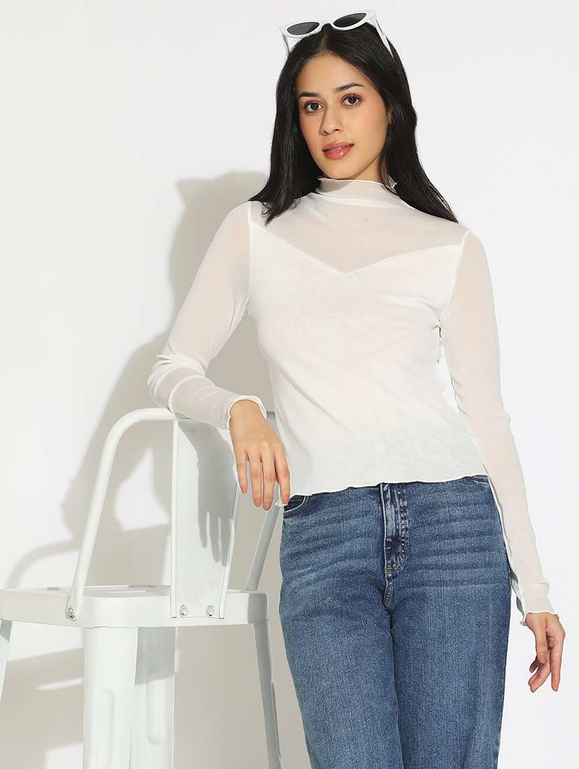 women solid high neck long sleeve top
