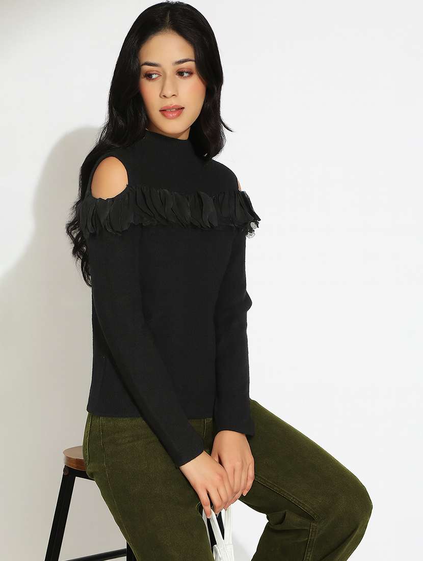 women solid mock neck cold shoulder pullover