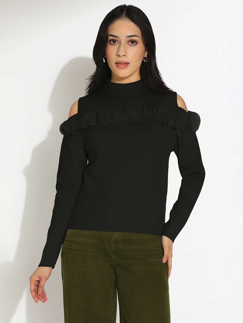 women solid mock neck cold shoulder pullover - 22101947 - Standard Image - 1