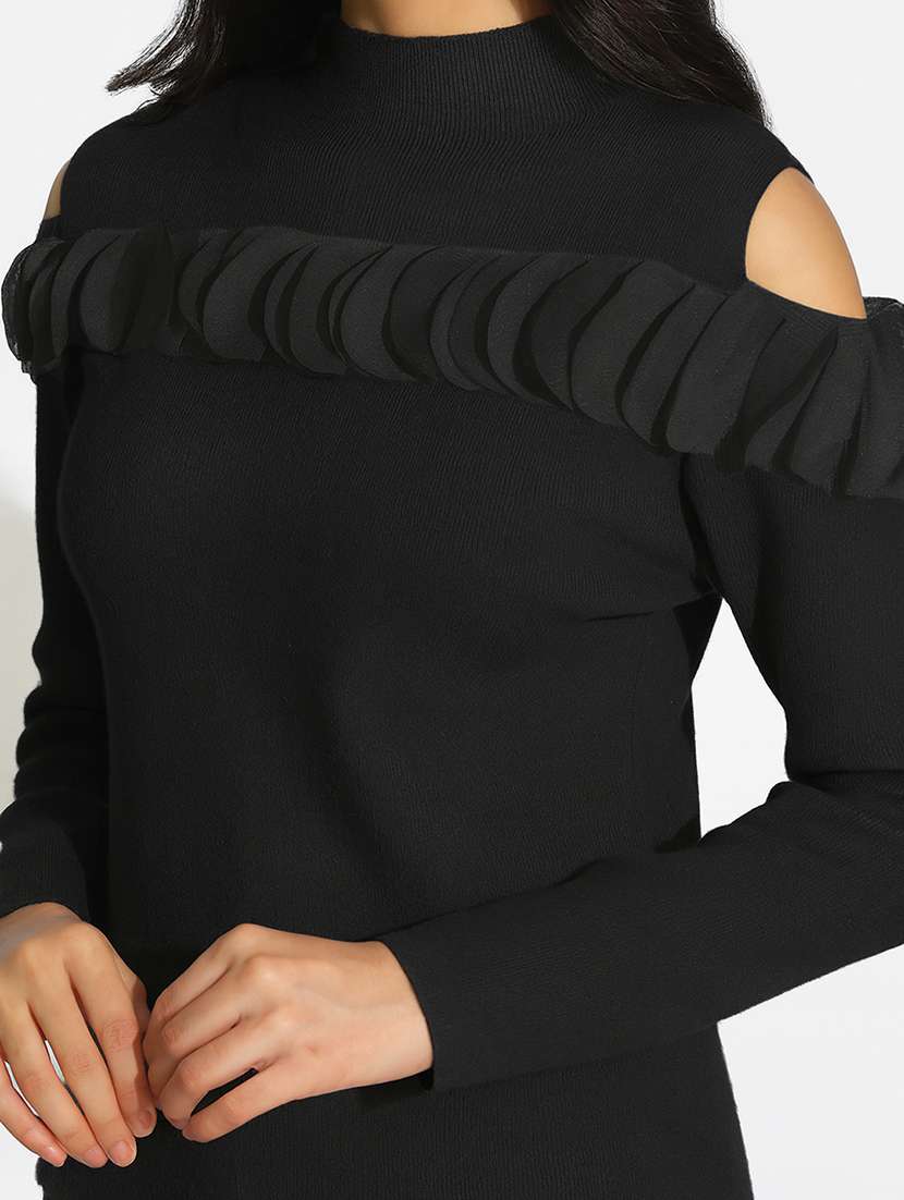 women solid mock neck cold shoulder pullover - 22101947 - Standard Image - 4