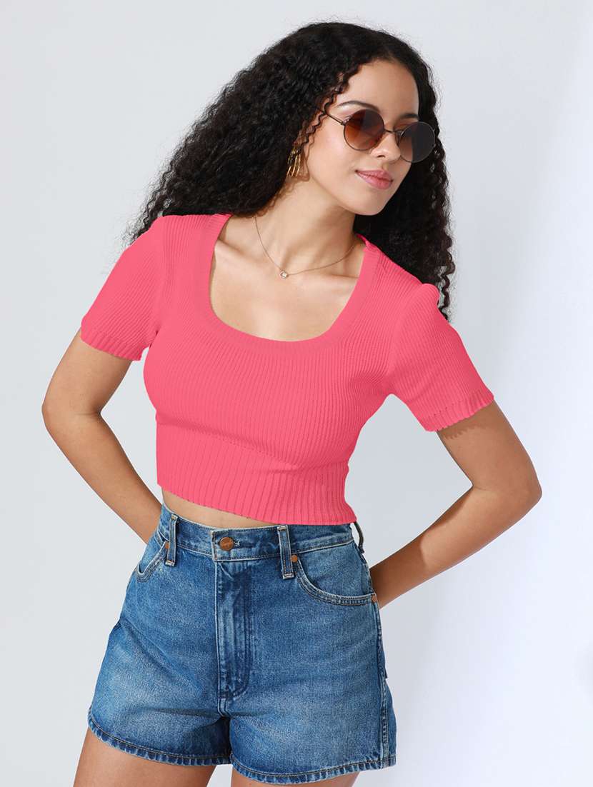 women solid short sleeve crop top - 22101950 -  Zoom Image - 0