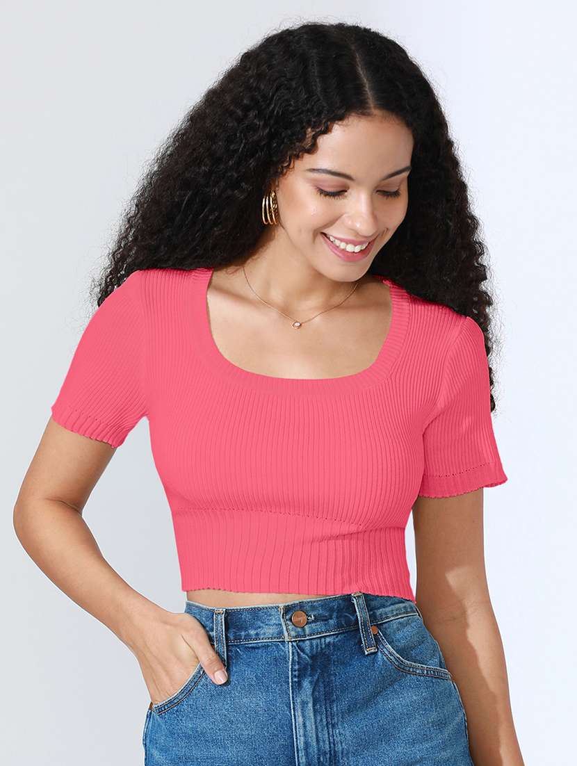 women solid short sleeve crop top - 22101950 -  Standard Image - 1