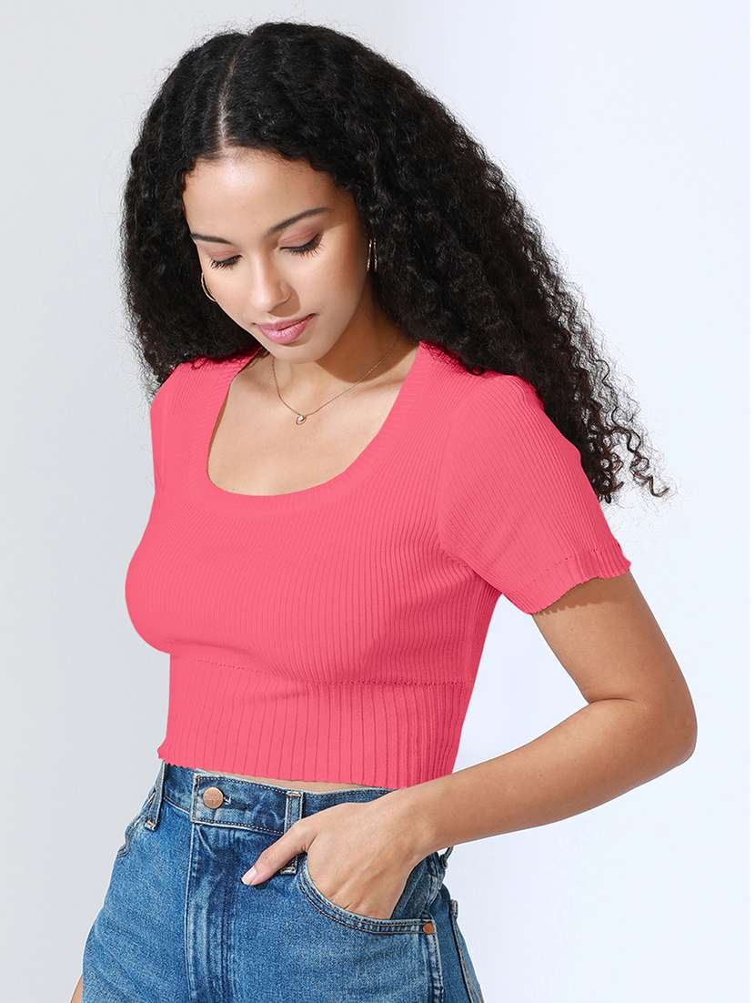 women solid short sleeve crop top - 22101950 - Standard Image - 4
