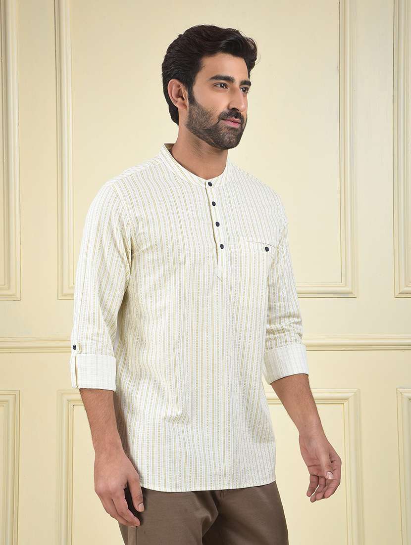 men strpied mandarin neck short kurta - 22102002 -  Standard Image - 1