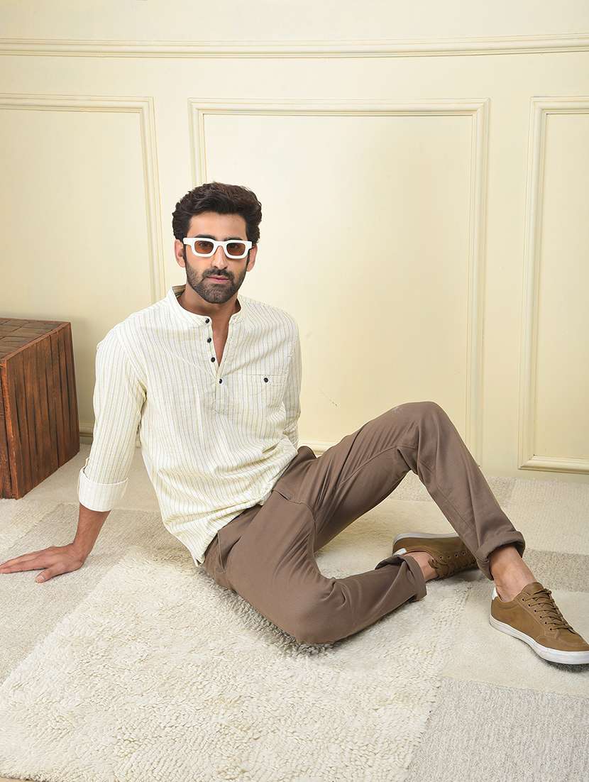 men strpied mandarin neck short kurta - 22102002 -  Standard Image - 6