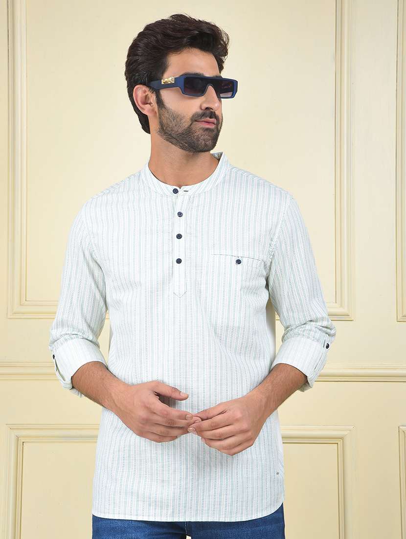 men strpied mandarin neck short kurta