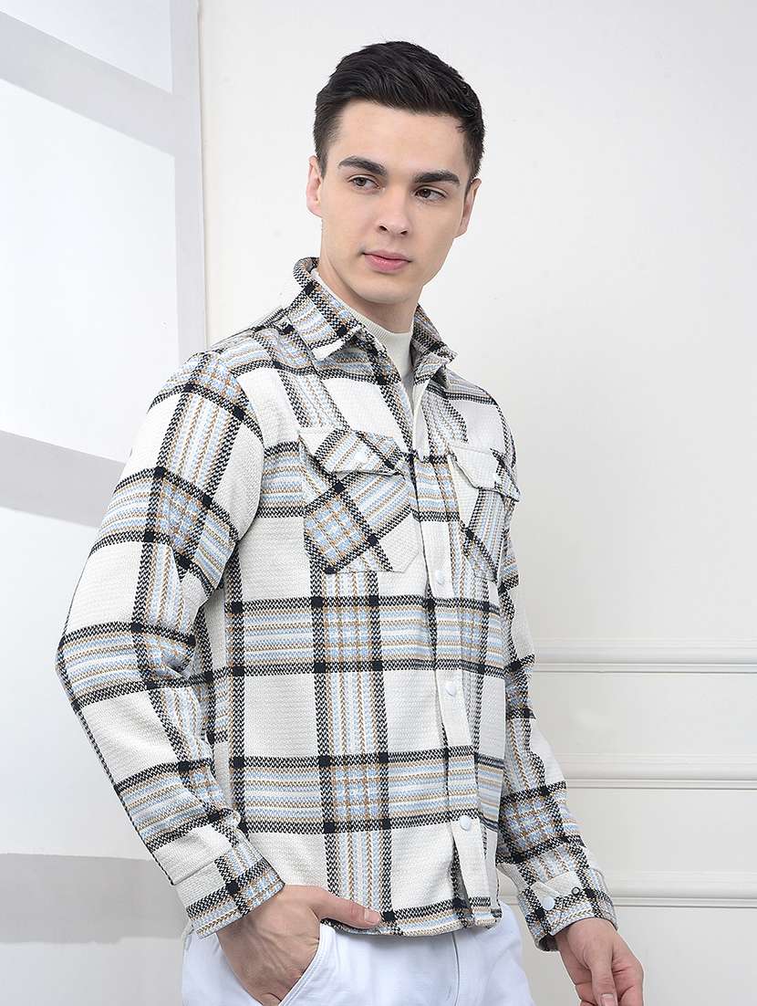 men checkered collared long sleeve shacket - 22102004 -  Standard Image - 1