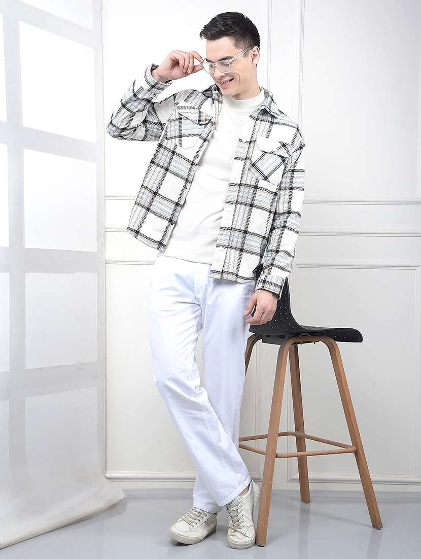 men checkered collared long sleeve shacket - 22102004 -  Standard Image - 4