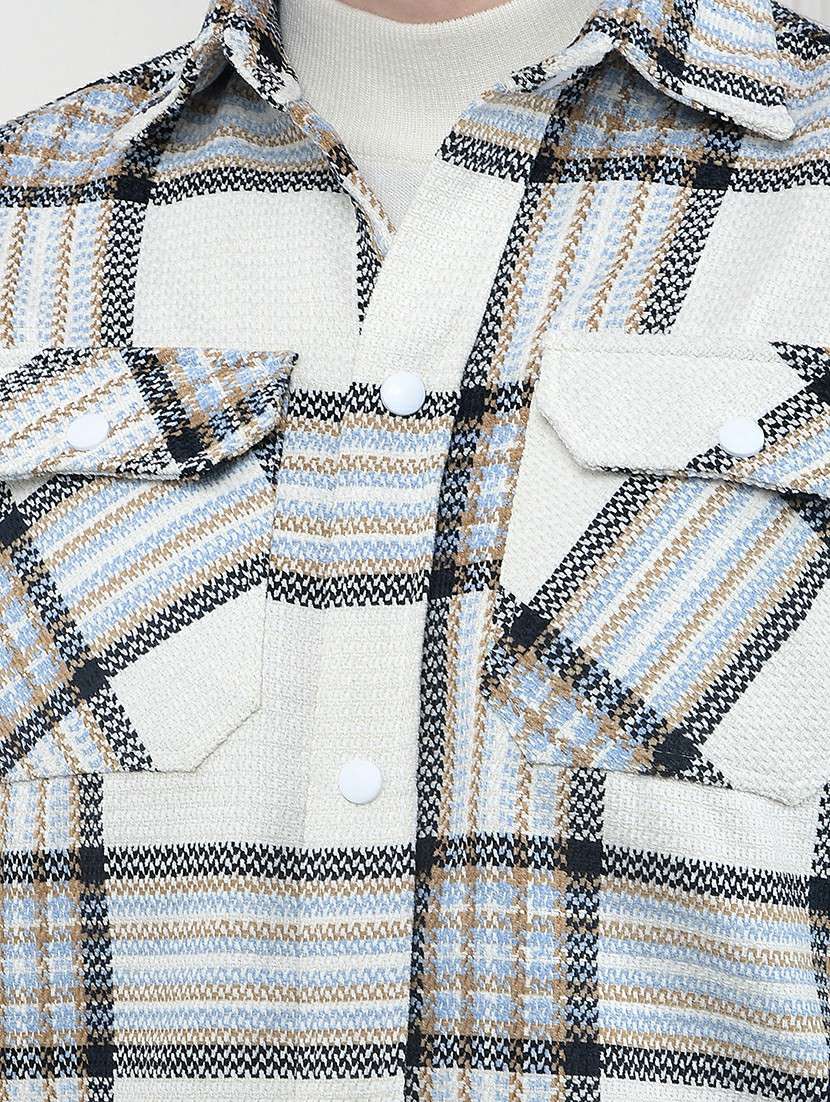 men checkered collared long sleeve shacket - 22102004 -  Standard Image - 6