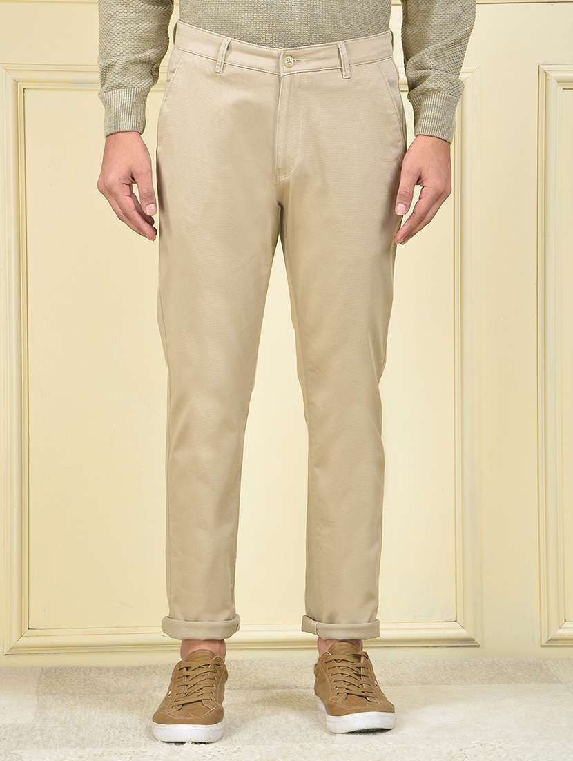 men solid mid rise flat front chinos trouser