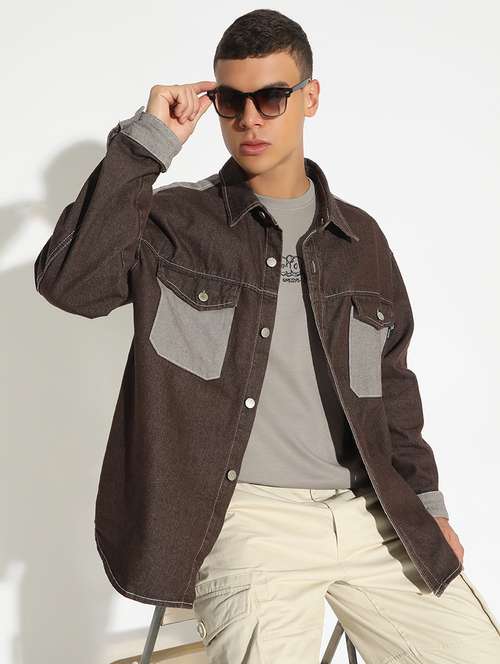 men color block long sleeve shacket