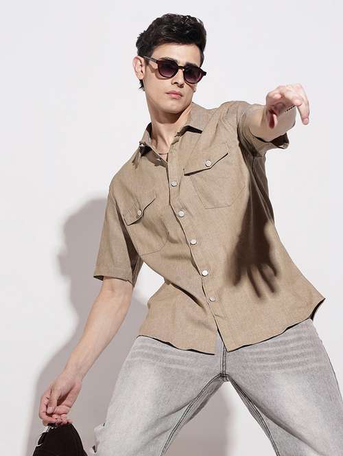 men solid short sleeve regular fit casual shirt - 22102287 - Standard Image - 0