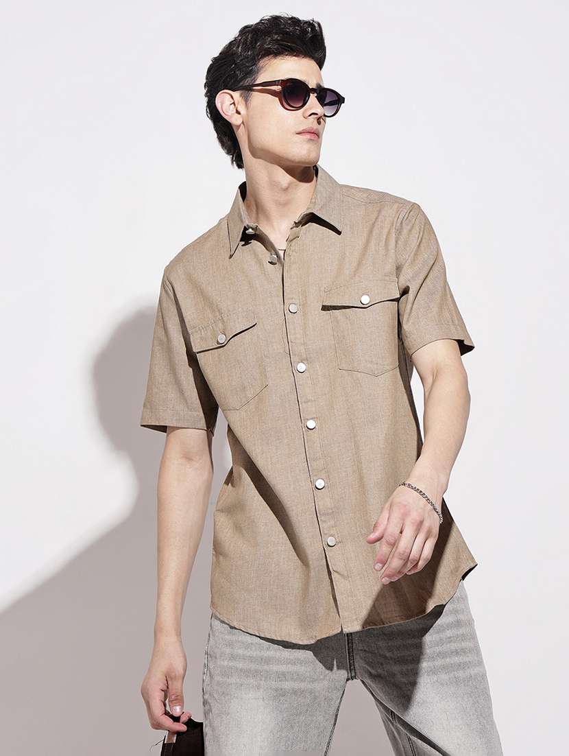 men solid short sleeve regular fit casual shirt - 22102287 - Standard Image - 1