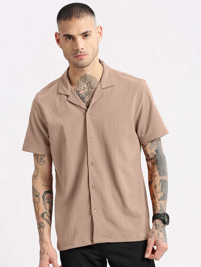 men solid short sleeve loose fit casual shirt - 22102301 -  Standard Image - 1