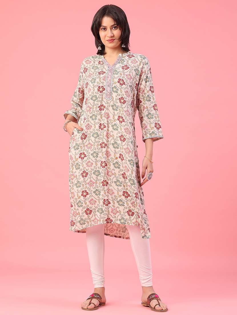 women floral printed three quarter sleeve straight kurta - 22102869 -  Standard Image - 1