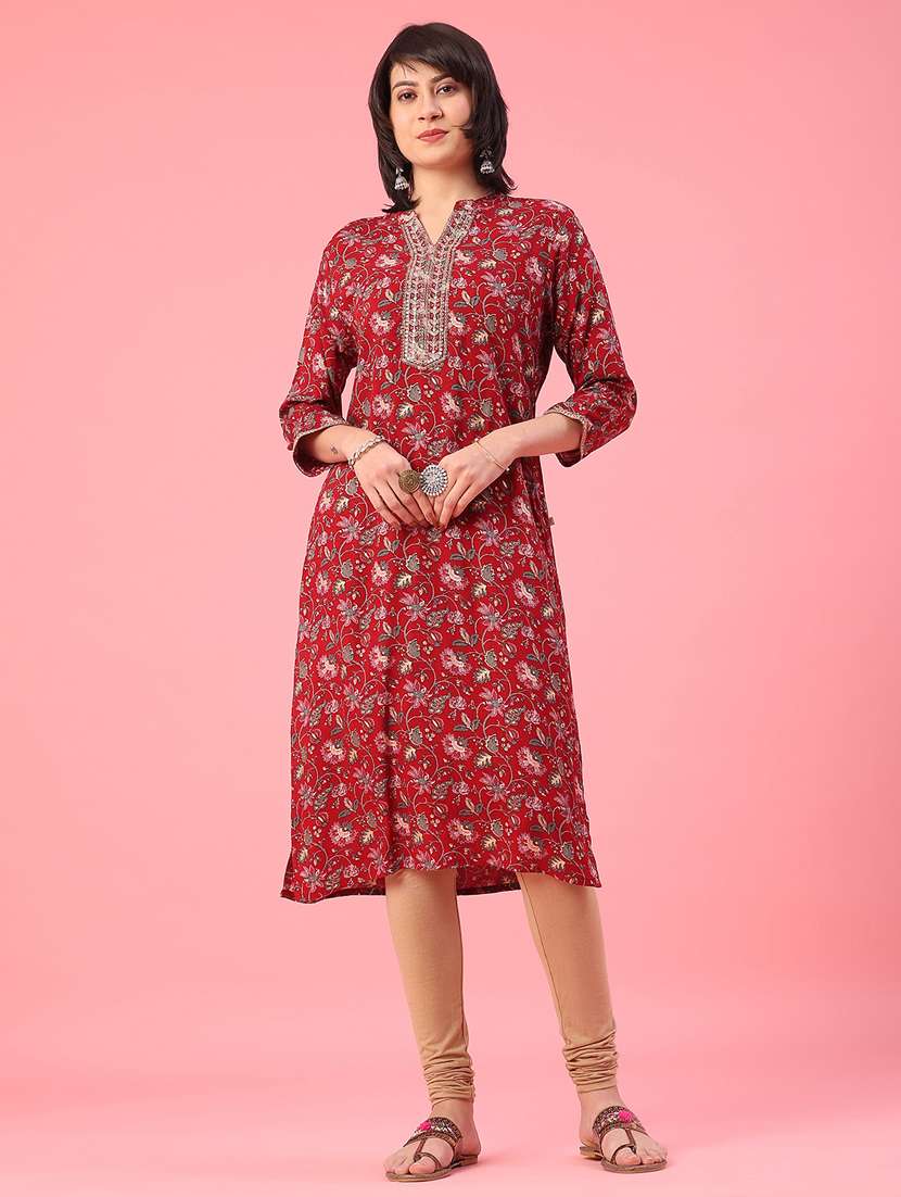 women floral printed three quarter sleeve straight kurta