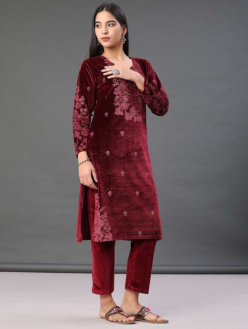 women embroidered velvet kurta and pant with dupatta set - 22102884 -  Standard Image - 1