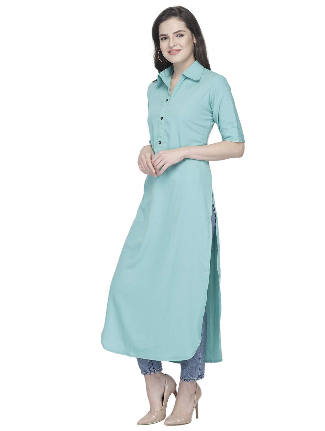 women solid short sleeve straight kurta - 22102970 -  Standard Image - 1