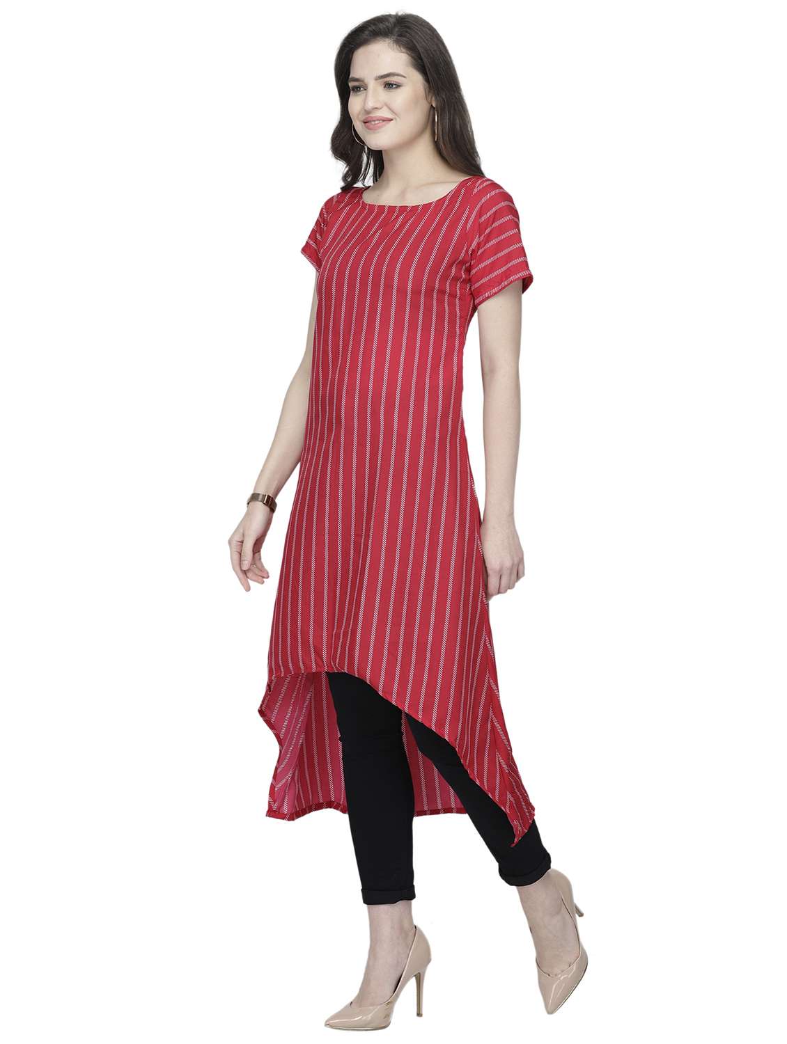 women striped short sleeve high-low kurta - 22102974 -  Standard Image - 1