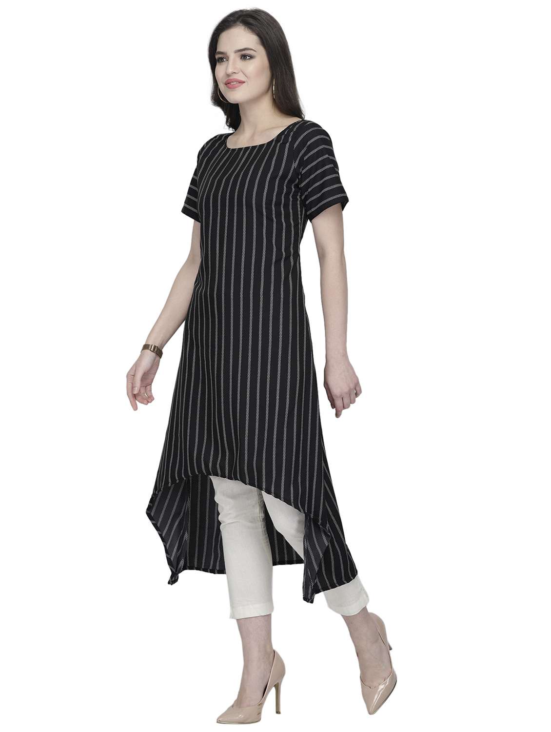 women striped short sleeve high-low kurta - 22102975 -  Standard Image - 1