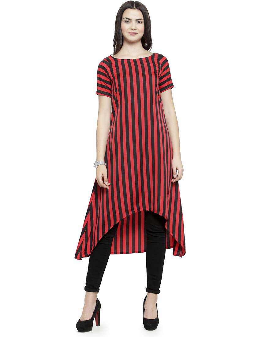 women striped short sleeve high-low kurta - 22102976 -  Standard Image - 1