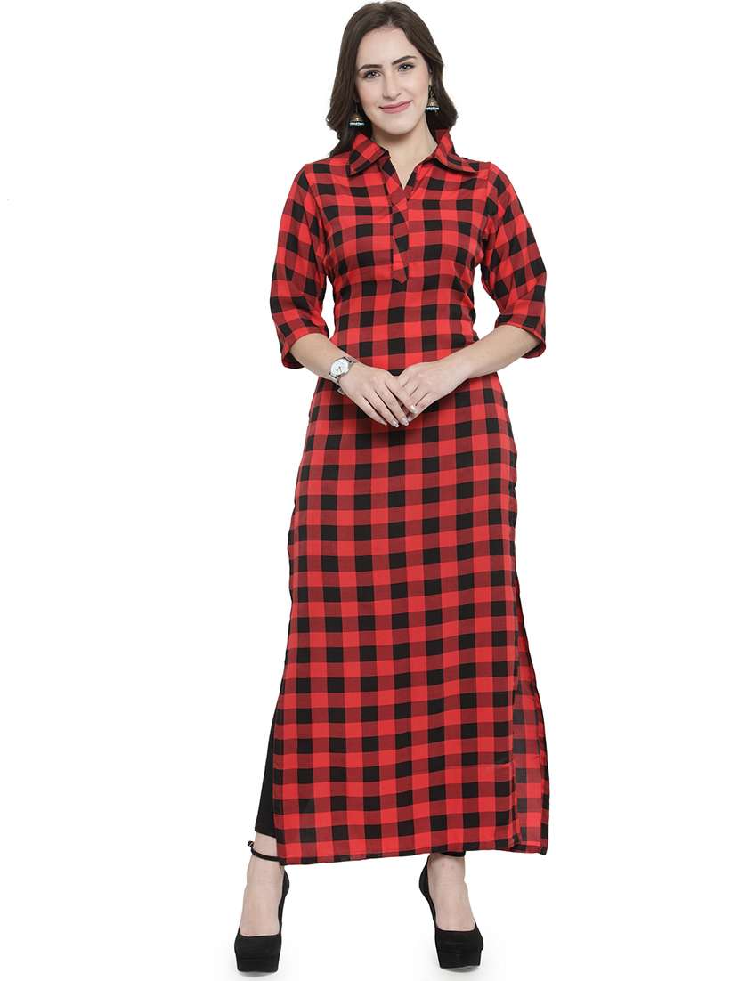 women checkered three quarter sleeve straight kurta - 22102977 -  Standard Image - 1