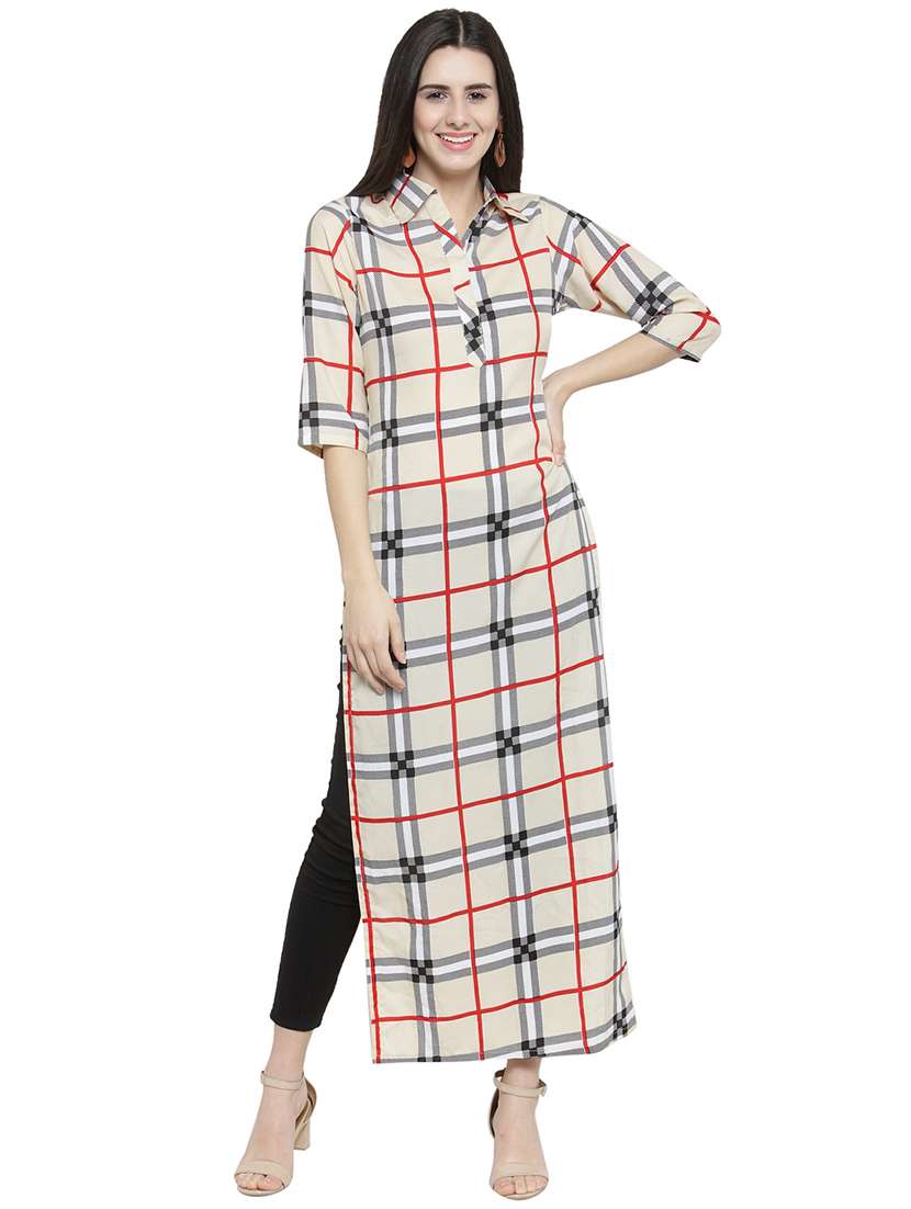 women checkered three quarter sleeve straight kurta - 22102978 -  Standard Image - 1