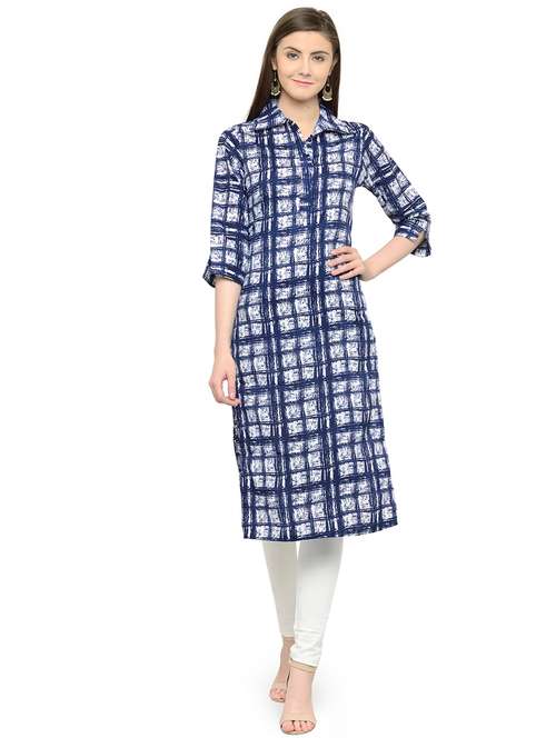 women checkered three quarter sleeve straight kurta - 22102979 -  Standard Image - 0