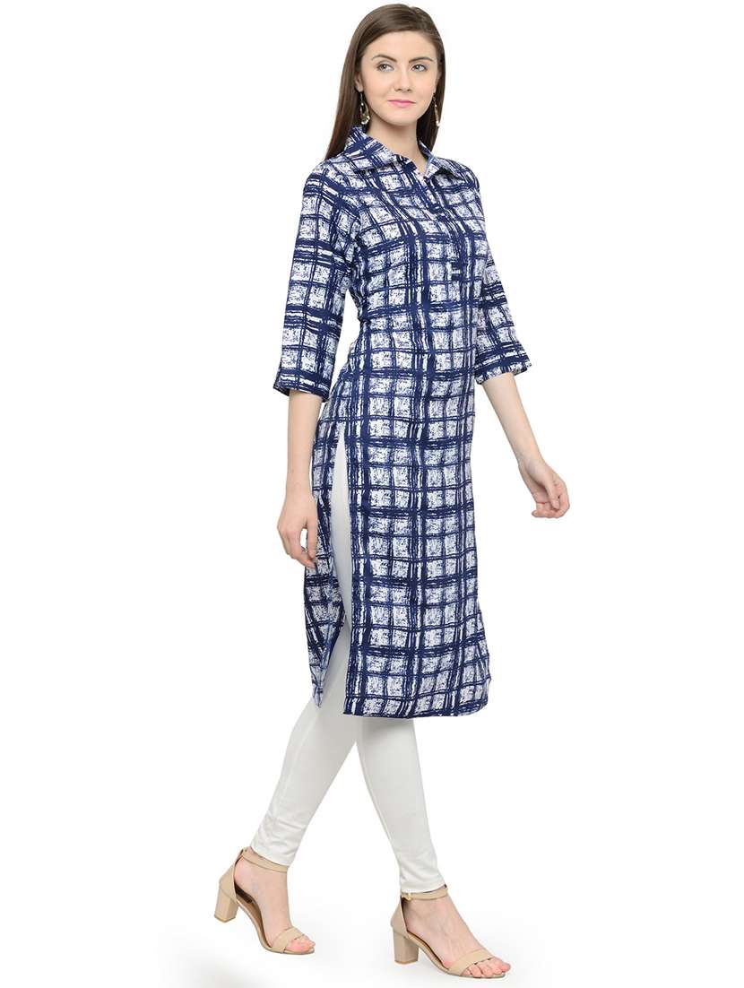 women checkered three quarter sleeve straight kurta - 22102979 -  Standard Image - 1