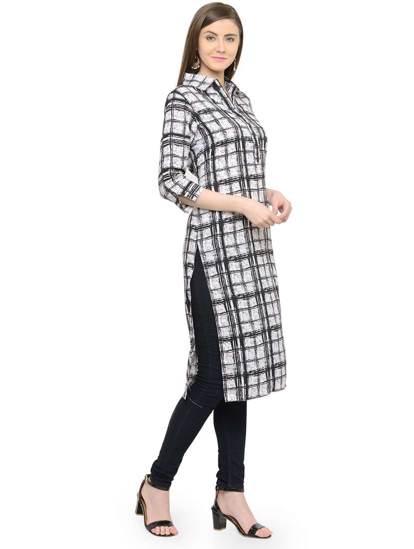 women checkered three quarter sleeve straight kurta - 22102981 -  Standard Image - 1