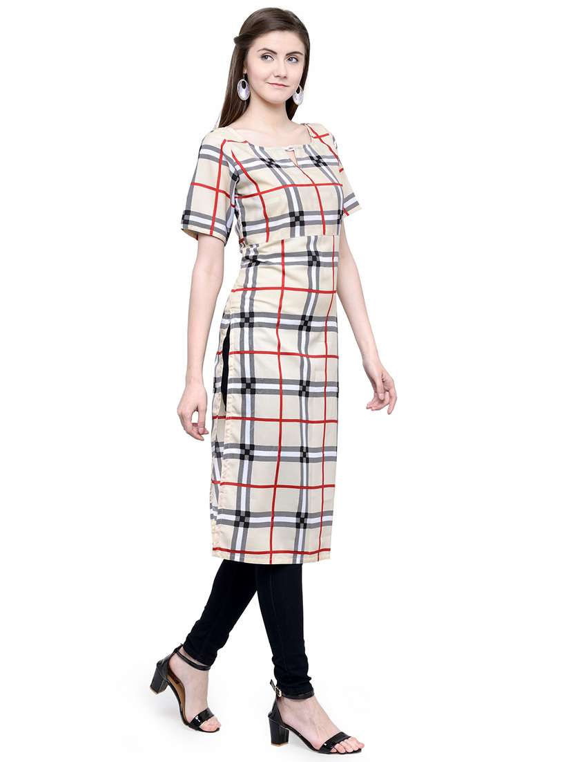 women checkered short sleeve straight kurta - 22102982 -  Standard Image - 1