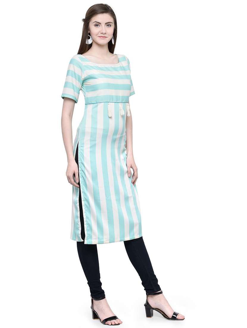 women striped short sleeve straight kurta - 22102984 -  Standard Image - 1