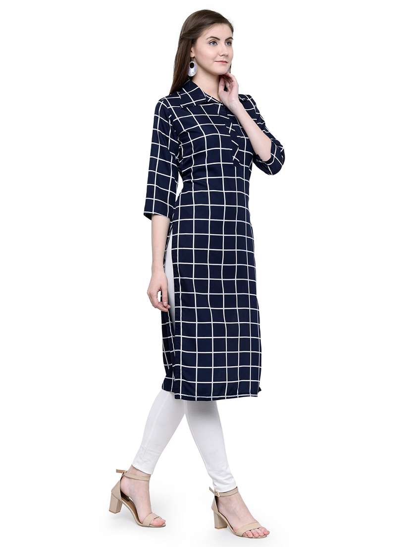 women checkered three quarter sleeve straight kurta - 22102985 -  Standard Image - 1